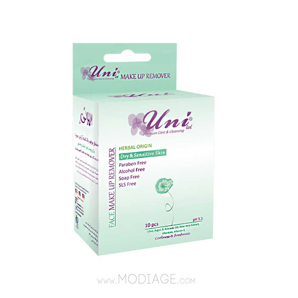 Uni Led makeup remover wet wipes for dry & sensitive skin 10pcs دستمال مرطوب ساشه ای پاک کننده آرایش پوست خشک و حساس یونی لد Uni Led