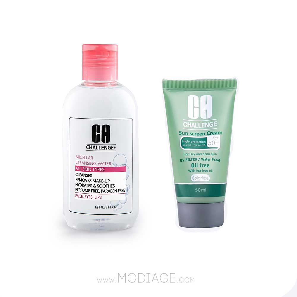 Challenge Sensipink Micellar & Sun Screen oily Pack پک میسلارواتر پوست حساس و ضدآفتاب بی رنگ پوست چرب چلنج  challenge