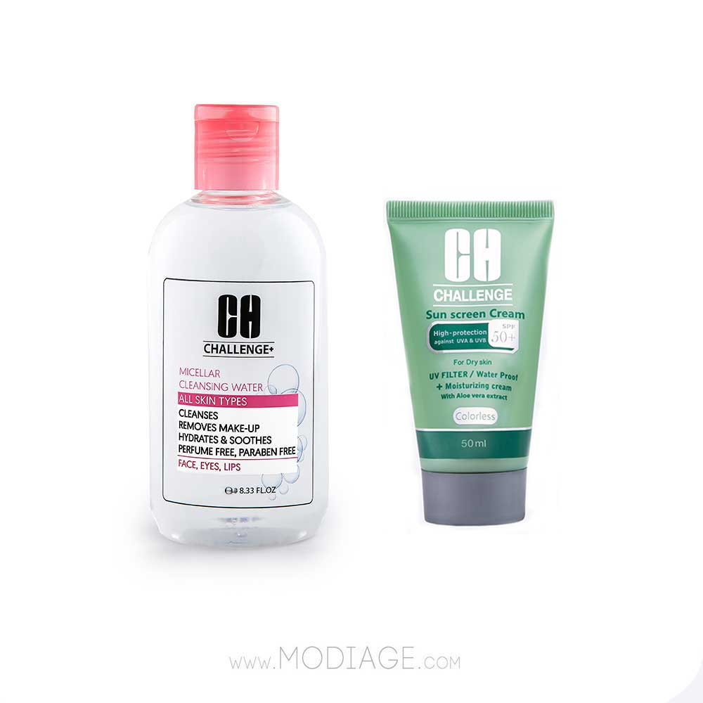 Challenge Micellar sensetive & Sun Screen sensetive Pack پک میسلارواتر پوست حساس و ضدآفتاب بی رنگ پوست نرمال و خشک چلنج challenge