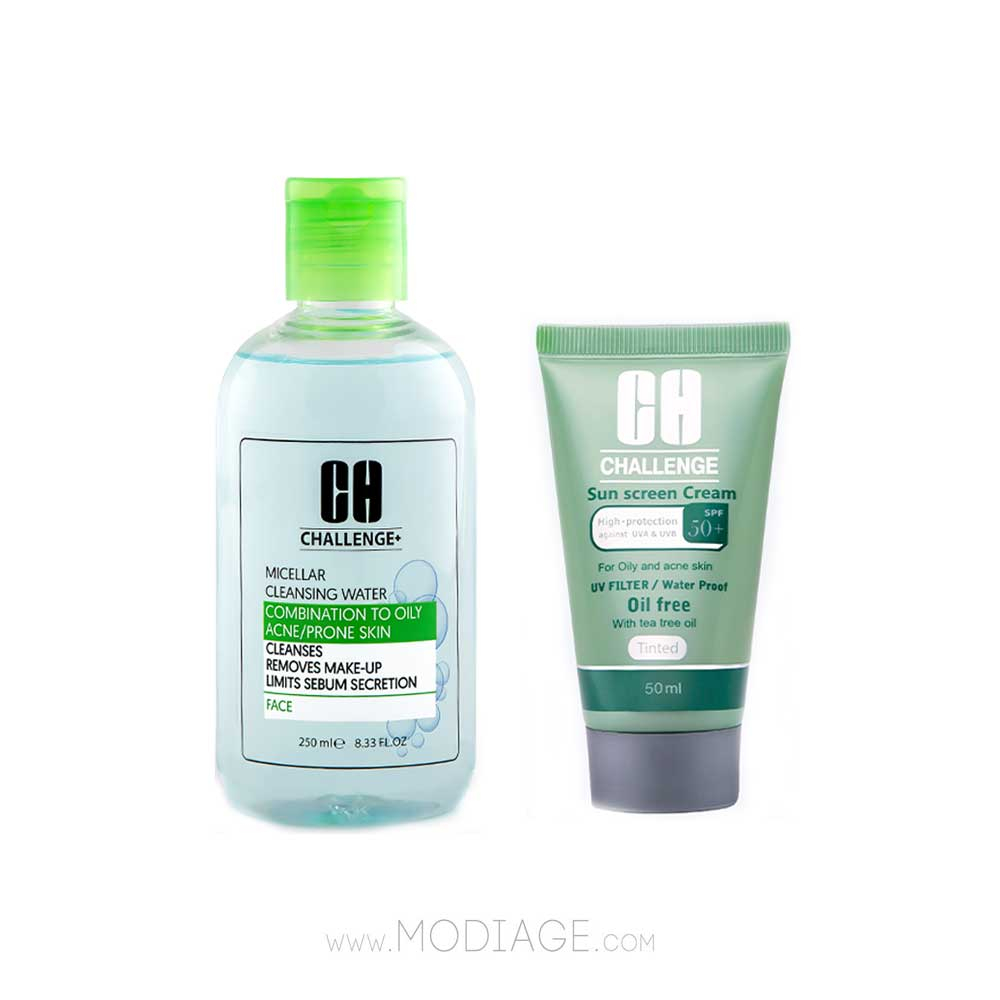 Challenge Micellar oily & Sun Screen oily Pack پک میسلارواتر پوست چرب و ضدآفتاب کرم پودری پوست چرب چلنج challenge
