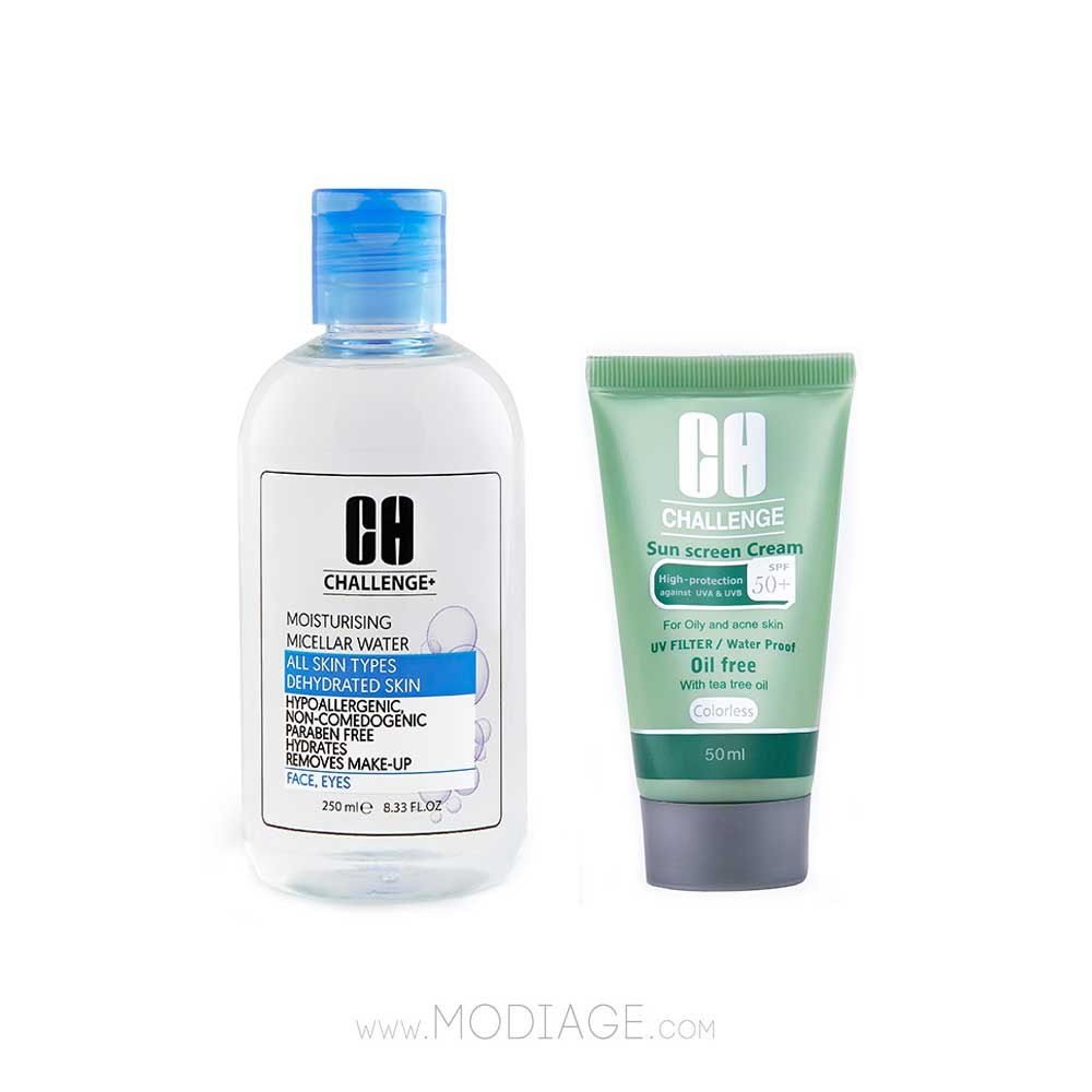 Challenge Micellar hydrate & Sun Screen oily Pack پک میسلارواتر آبرسان و ضدآفتاب بی رنگ پوست چرب چلنج challenge