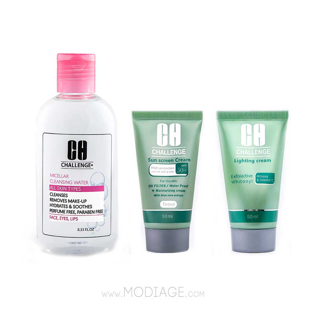 Challenge Micellar sensetive & Sun Screen sensetive & lightening cream Pack پک میسلارواتر پوست حساس و ضدآفتاب کرم پودری پوست خشک و کرم ضدلک چلنج challenge