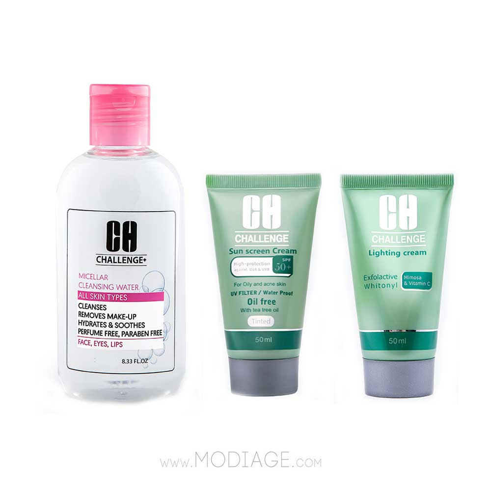 Challenge Micellar sensetive & Sun Screen oily & lightening cream Pack پک میسلارواتر پوست حساس و ضدآفتاب کرم پودری پوست چرب و کرم ضدلک چلنج challenge