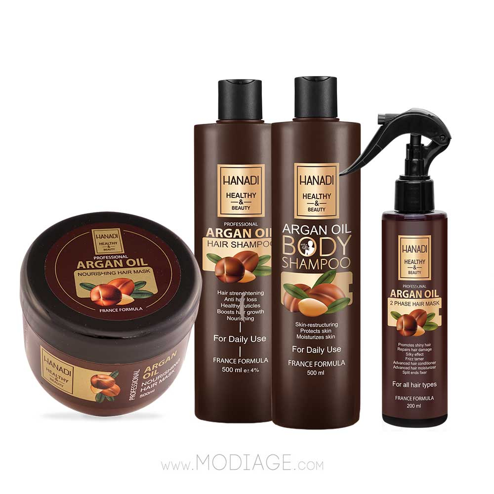 پک ماسک مو، اسپری دو فاز، شامپو سر و شامپو بدن آرگان هانادی HANADI