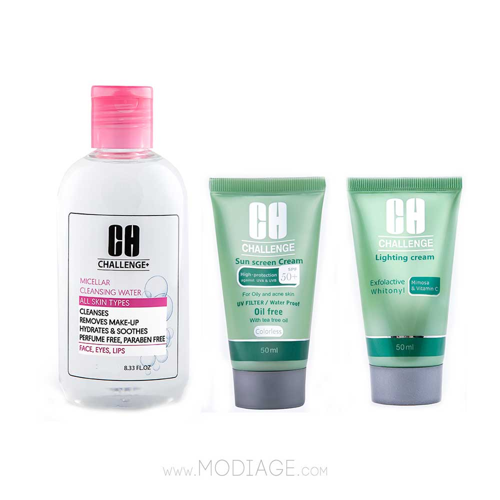 Challenge Micellar sensetive & Sun Screen oily & lightening cream Pack پک میسلارواتر پوست حساس و ضدآفتاب بی رنگ پوست چرب و کرم ضدلک چلنج challenge