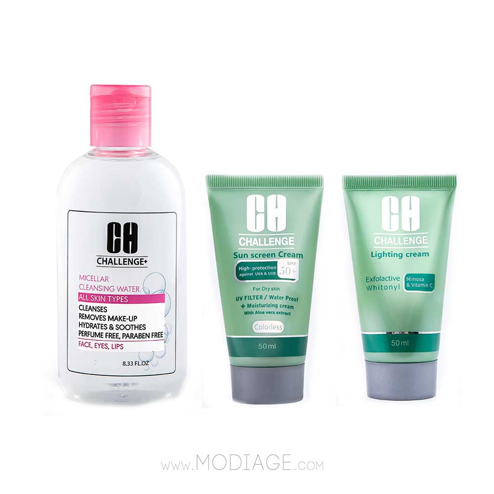 Challenge Micellar sensetive & Sun Screen sensetive & lightening cream Pack پک میسلارواتر پوست حساس و ضدآفتاب بی رنگ پوست خشک و کرم ضدلک چلنج challenge