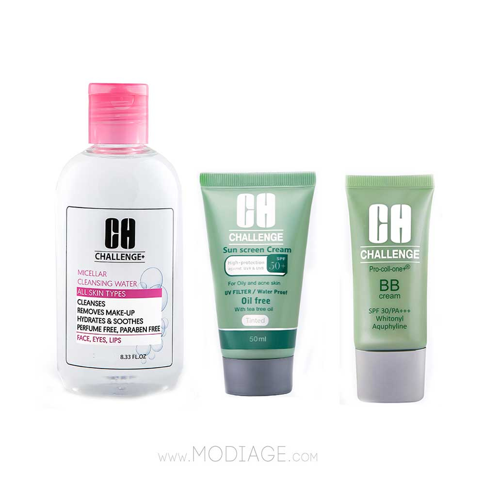 Challenge Micellar sensetive & Sun Screen oily & bb cream Pack پک میسلارواتر پوست حساس و ضدآفتاب کرم پودری پوست چرب و بی بی کرم رنگ روشن چلنج  challenge