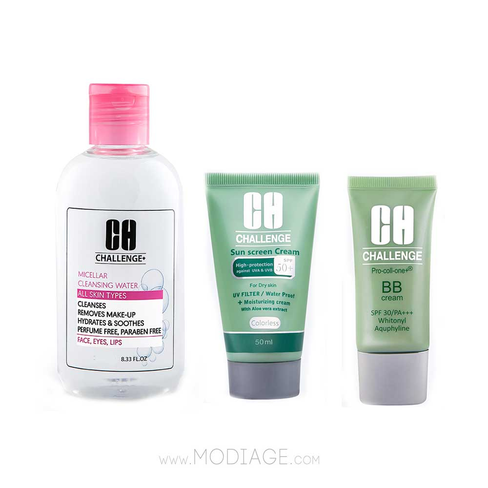 Challenge Micellar sensetive &  Sun Screen sensetive & bb cream Pack پک میسلارواتر پوست حساس و ضدآفتاب بی رنگ پوست خشک و بی بی کرم رنگ روشن چلنج  challenge