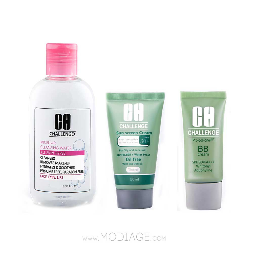 Challenge Micellar sensetive & Sun Screen oily & bb cream Pack پک میسلارواتر پوست حساس و ضدآفتاب کرم پودری پوست چرب و بی بی کرم بژ چلنج  challenge