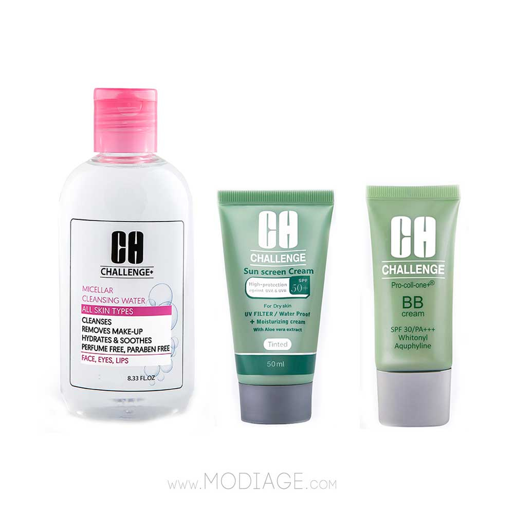 Challenge Micellar sensetive & Sun Screen dry & bb cream beige Pack پک میسلارواتر پوست حساس و ضدآفتاب کرم پودری پوست خشک و بی بی کرم بژ چلنج  challenge