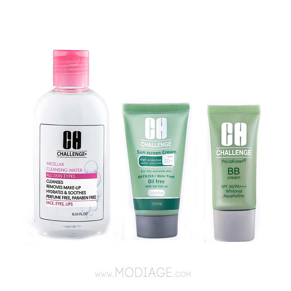 Challenge Micellar sensetive & Sun Screen oily & bb cream beige Pack پک میسلارواتر پوست حساس و ضدآفتاب بی رنگ پوست چرب و بی بی کرم بژ چلنج challenge