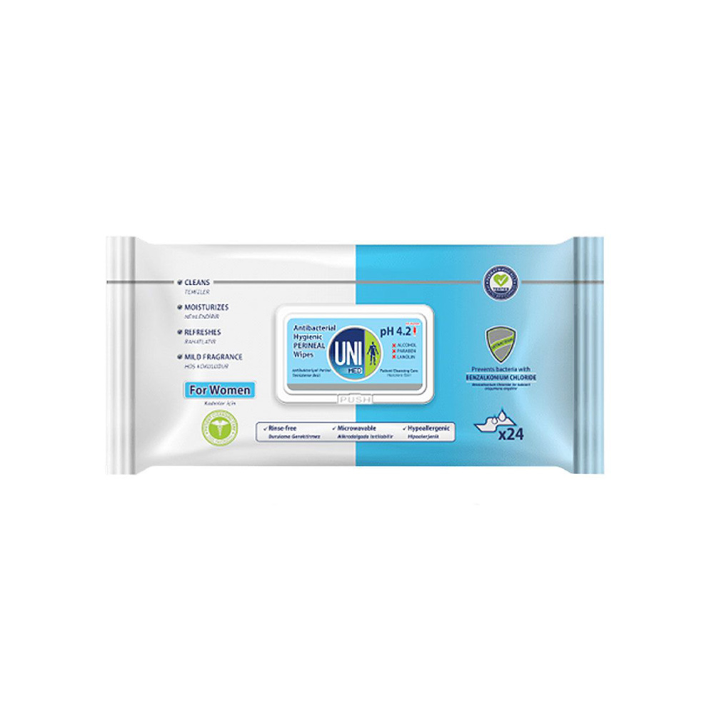 Uni Med Antibacterial Hygienic Perineal Wet Wipe for Women 24pcs دستمال مرطوب پاک کننده بهداشتی ناحیه پرینال بانوان یونی مد Uni Med