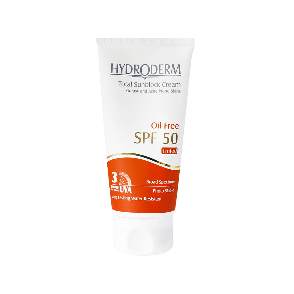 تصویر كرم ضد آفتاب فاقد چربی رنگی SPF50 هیدرودرم مناسب پوست چرب