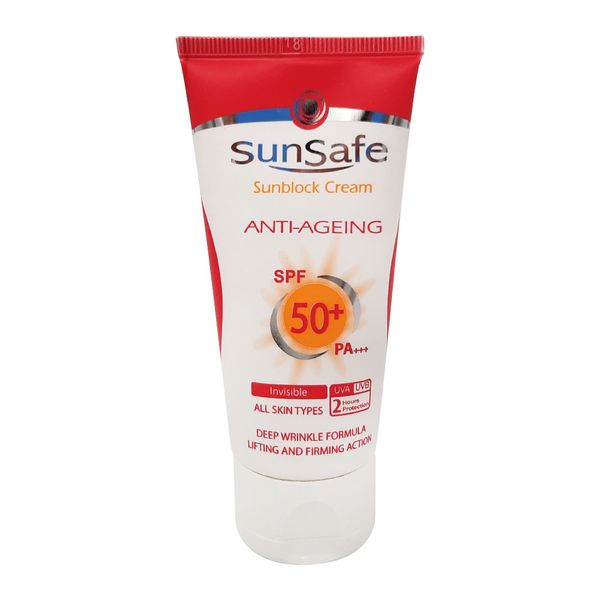 تصویر کرم ضد آفتاب و ضد چروک بی رنگ SPF50 مناسب انواع پوست سان سیف