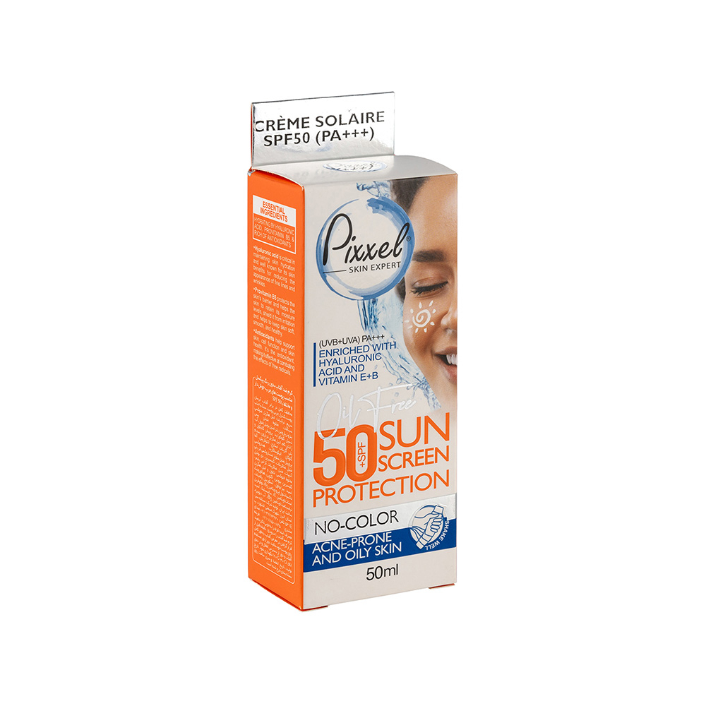 تصویر کرم ضد آفتاب بی رنگ Spf50 پیکسل مناسب پوست چرب و جوش دار