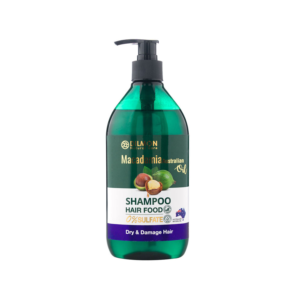 Dilmon Macadamia Hair Sulfate Free Shampoo 385 ml شامپو ترمیم کننده دیلمون حاوی روغن ماکادمیا فاقد سولفات مناسب مو خشک و آسیب دیده حجم 385 میل