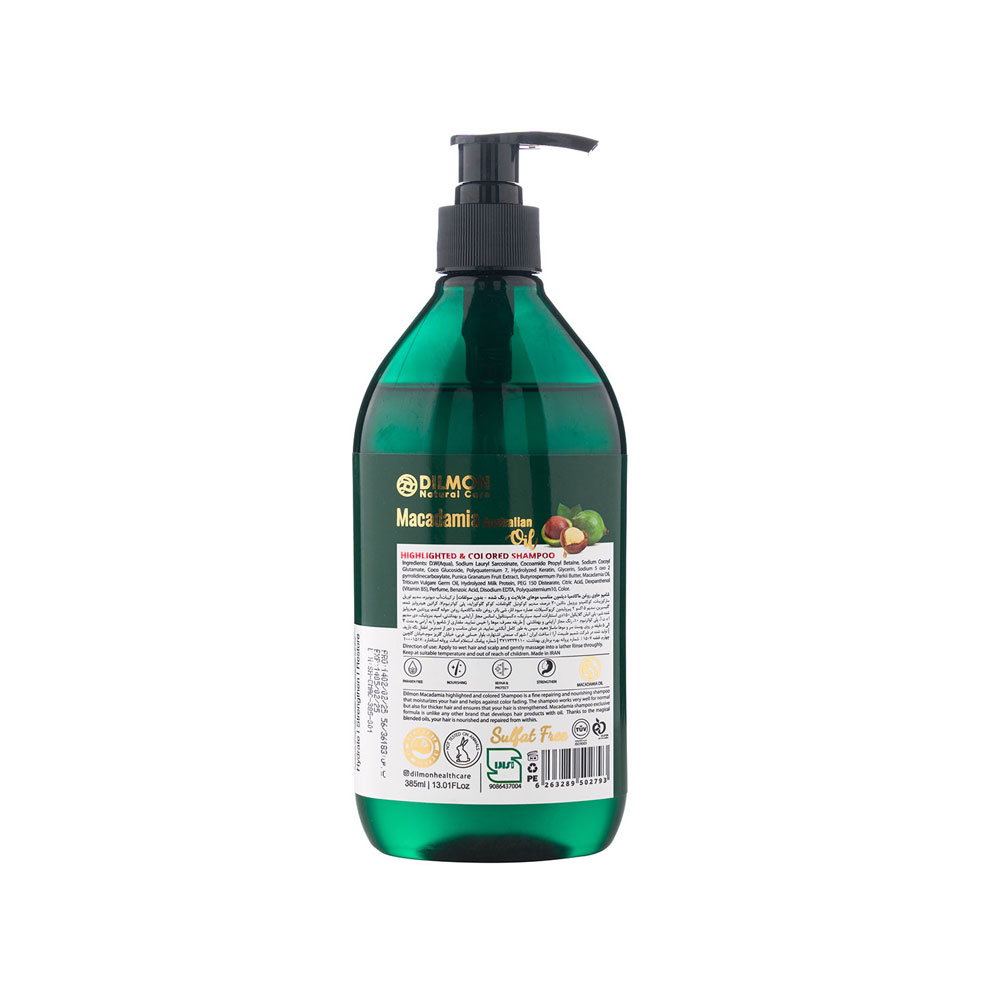 Dilmon Macadamia Sulfate Free Shampoo For Colored Hair 385 ml شامپو فاقد سولفات دیلمون حاوی روغن ماکادمیا مناسب موهای رنگ و هایلایت شده حجم 385 میل
