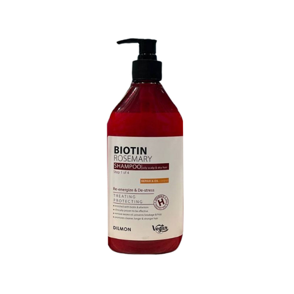 Dilmon Macadamia Sulfate Free Shampoo For oily Hair 385 ml شامپو حاوی بیوتین و رزماری دیلمون مناسب موی چرب و آسیب دیده حجم 385 میل