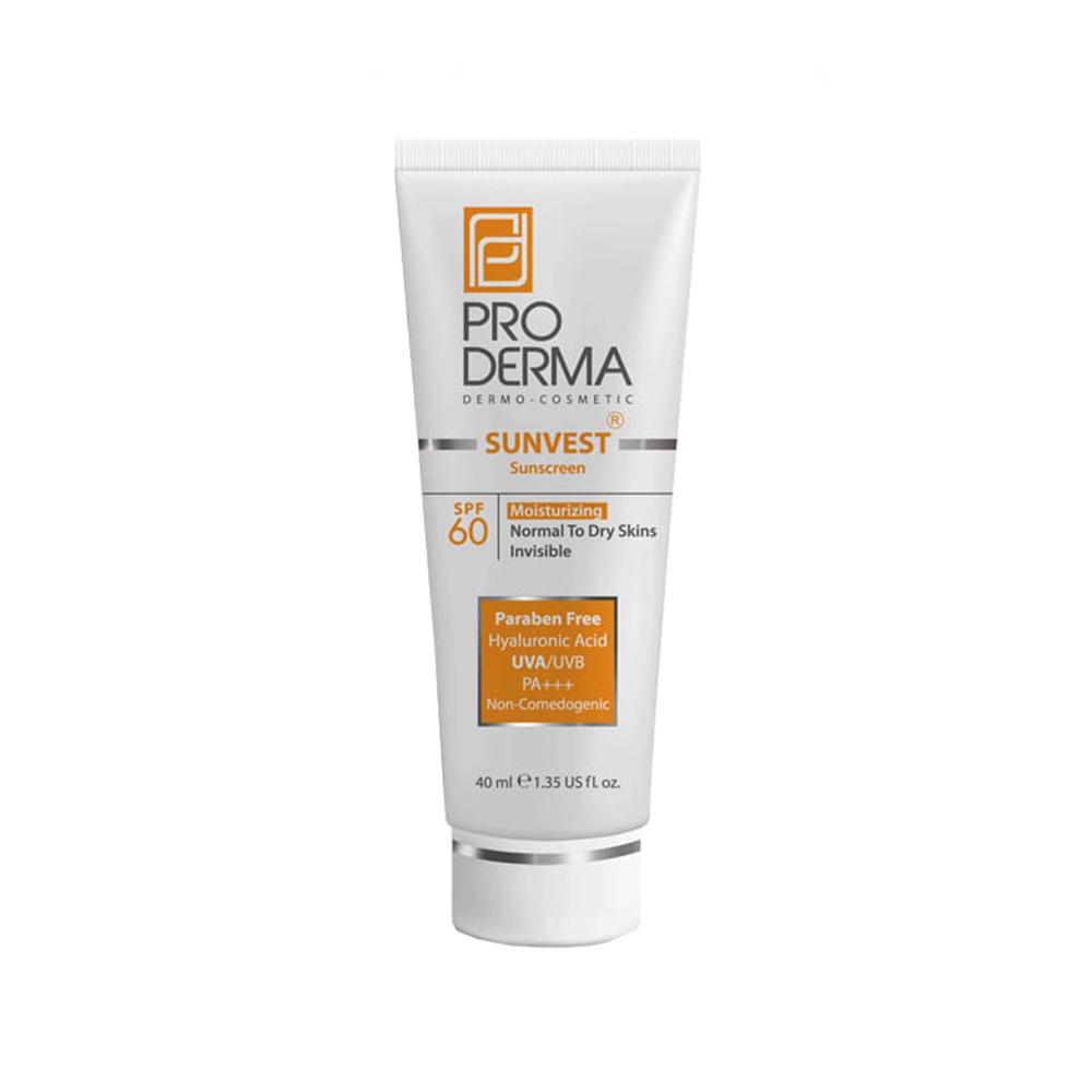 کرم ضد آفتاب بی رنگ پرودرما SPF60 مناسب پوست نرمال تا خشک