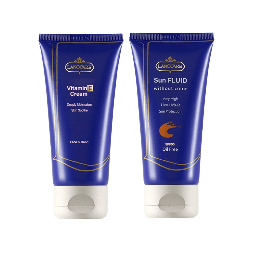 پک مراقبتی ضدآفتاب فلوئید بی رنگ SPF50 و کرم ویتامین E لانوکر