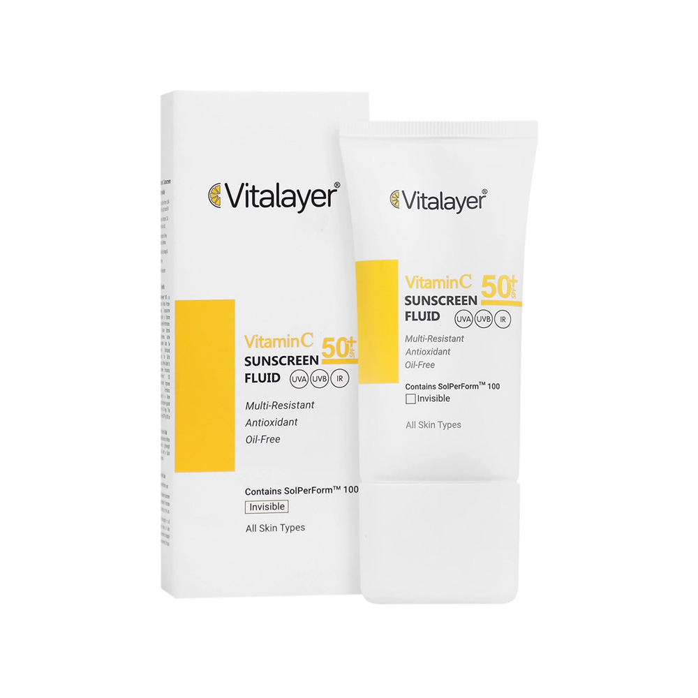 فلوئید ضد آفتاب بی رنگ SPF50 ویتالیر حاوی ویتامین C مناسب انواع پوست