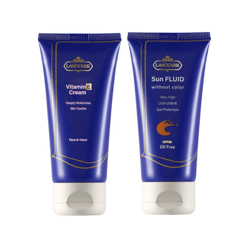 پک مراقبتی ضدآفتاب فلوئید بی رنگ SPF50 و کرم ویتامین E لانوکر