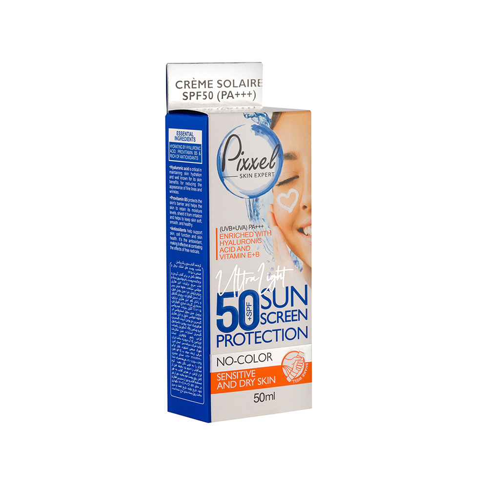 تصویر کرم ضد آفتاب بی رنگ Spf50 پیکسل مناسب پوست خشک و حساس