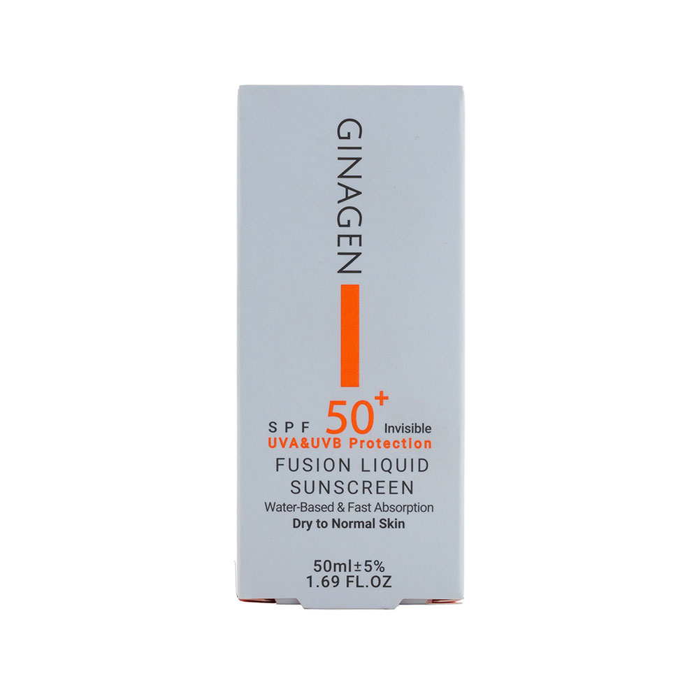 ضد آفتاب فیوژن واتر بی رنگ SPF50 ژیناژن مناسب پوست خشک و نرمال 50میل