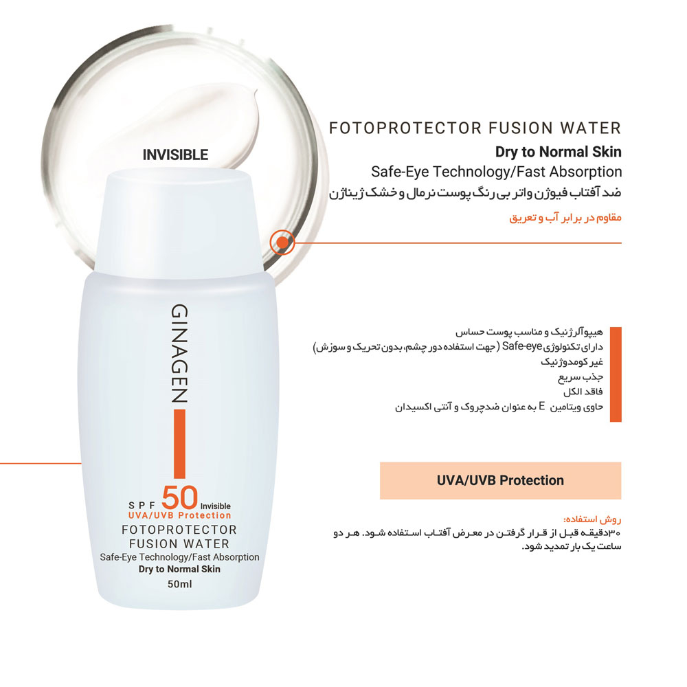 ضد آفتاب فیوژن واتر بی رنگ SPF50 ژیناژن مناسب پوست خشک و نرمال 50میل