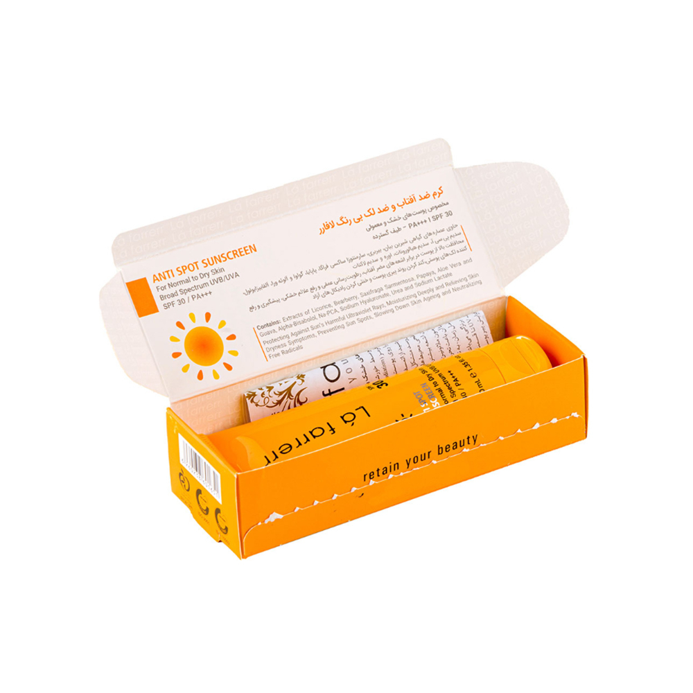 تصویر کرم ضد آفتاب و ضد لک بی رنگ SPF30 لافارر مناسب پوست خشک و معمولی 40 میل