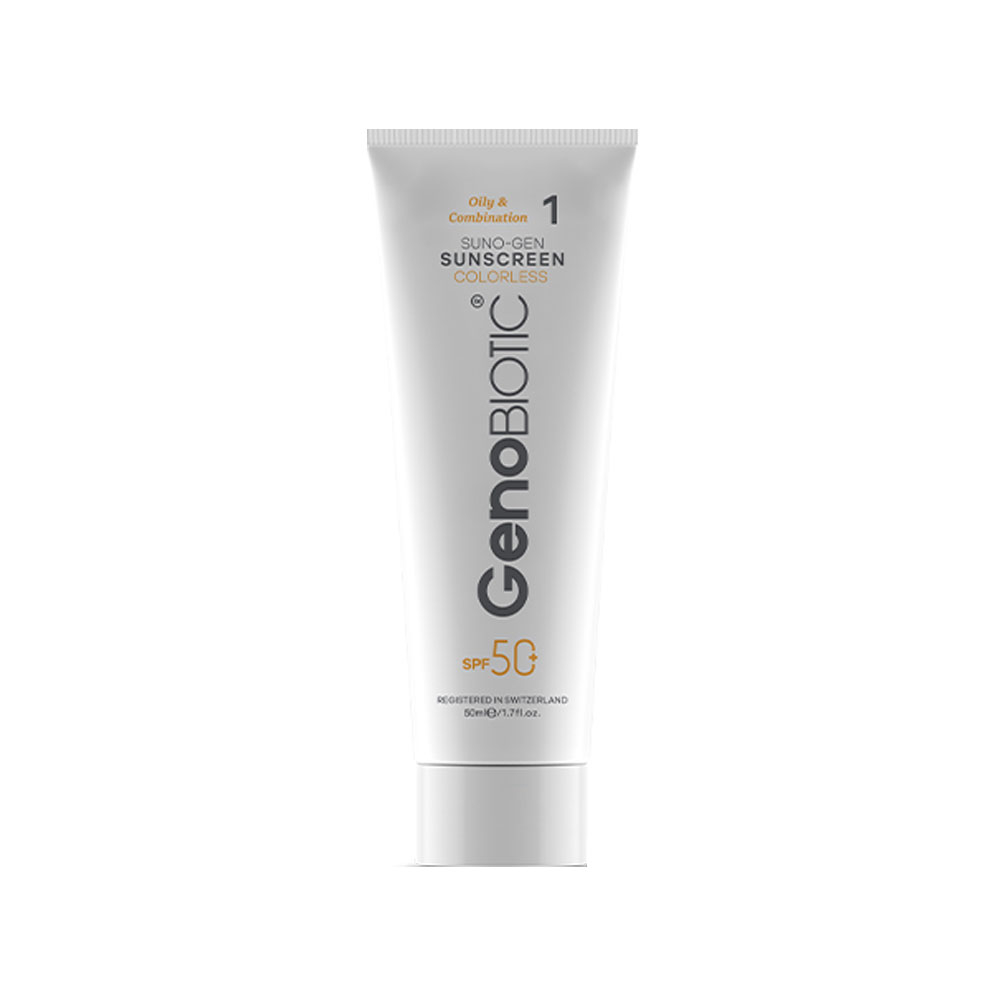 کرم ضد آفتاب بی رنگ SPF50 ژنوبایوتیک مدل Sunogen مناسب پوست چرب و مختلط 50میل