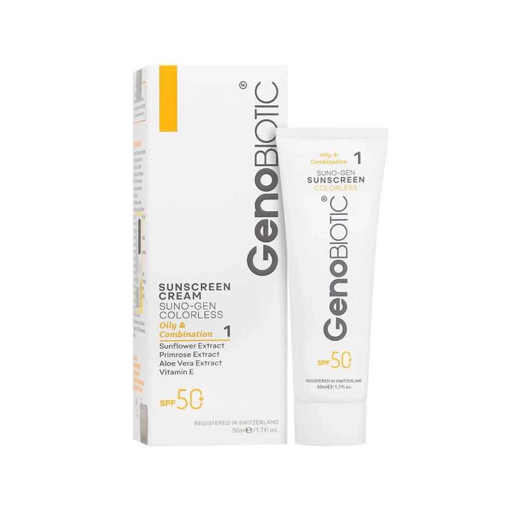 کرم ضد آفتاب بی رنگ SPF50 ژنوبایوتیک مدل Sunogen مناسب پوست چرب و مختلط 50میل