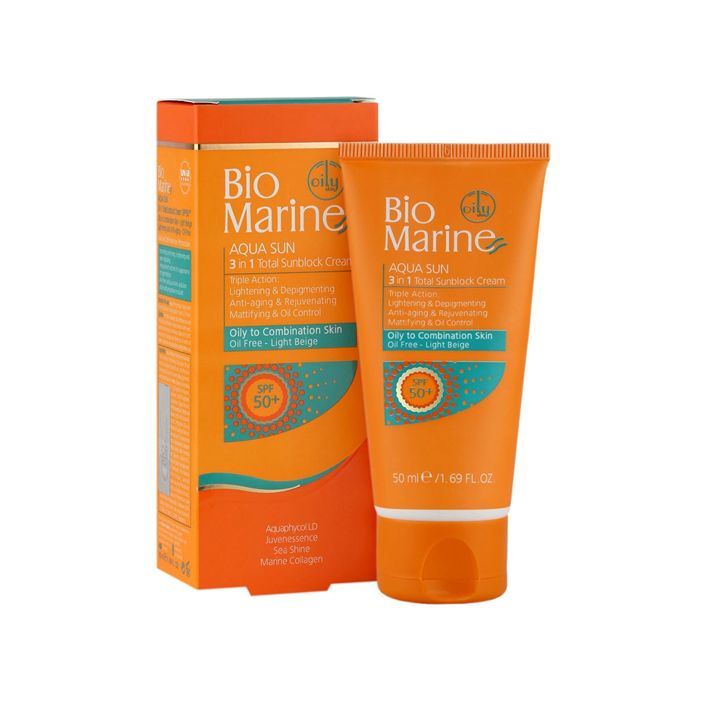 کرم ضد آفتاب روشن کننده و ضد چروک رنگی SPF50 بایومارین مناسب پوست چرب و مختلط 50میل