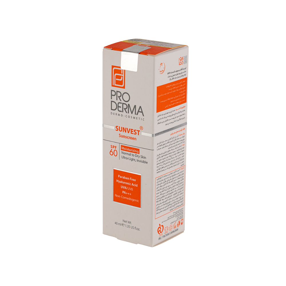 کرم ضد آفتاب بی رنگ SPF60 پرودرما مناسب پوست نرمال تا خشک 40میل