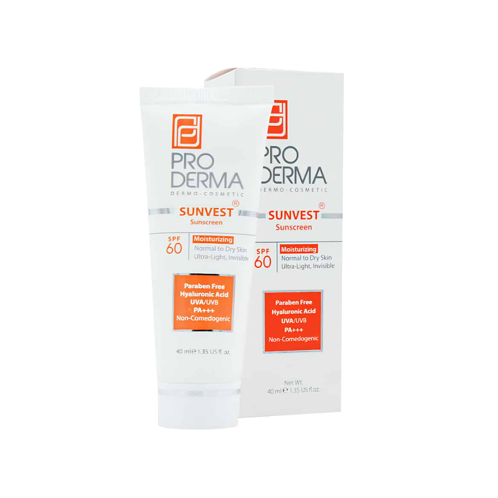 کرم ضد آفتاب بی رنگ SPF60 پرودرما مناسب پوست نرمال تا خشک 40میل