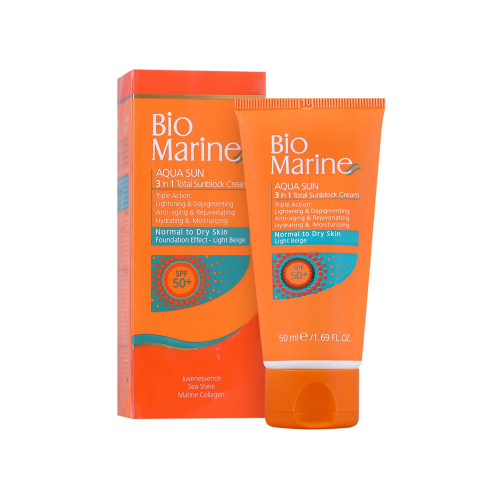 کرم ضد آفتاب روشن کننده و ضد چروک رنگی SPF50 بایومارین مناسب پوست معمولی تا خشک
