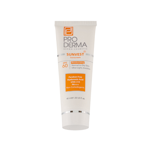 کرم ضد آفتاب بی رنگ SPF60 پرودرما مناسب پوست نرمال تا خشک 40میل